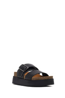 Women's Black Buckled Thick-Soled Leather Slippers | Derimod