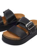 Women's Black Buckled Thick-Soled Leather Slippers | Derimod