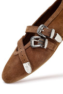 Women's Tan Double Buckled Suede Leather Ballerinas | Derimod