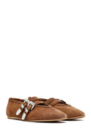Women's Tan Double Buckled Suede Leather Ballerinas | Derimod