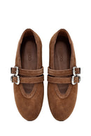 Women's Tan Double Buckled Suede Leather Ballerinas | Derimod