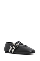 Women's Black Double Buckled Leather Ballerinas | Derimod