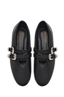 Women's Black Double Buckled Leather Ballerinas | Derimod