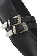 Women's Black Double Buckled Leather Ballerinas | Derimod