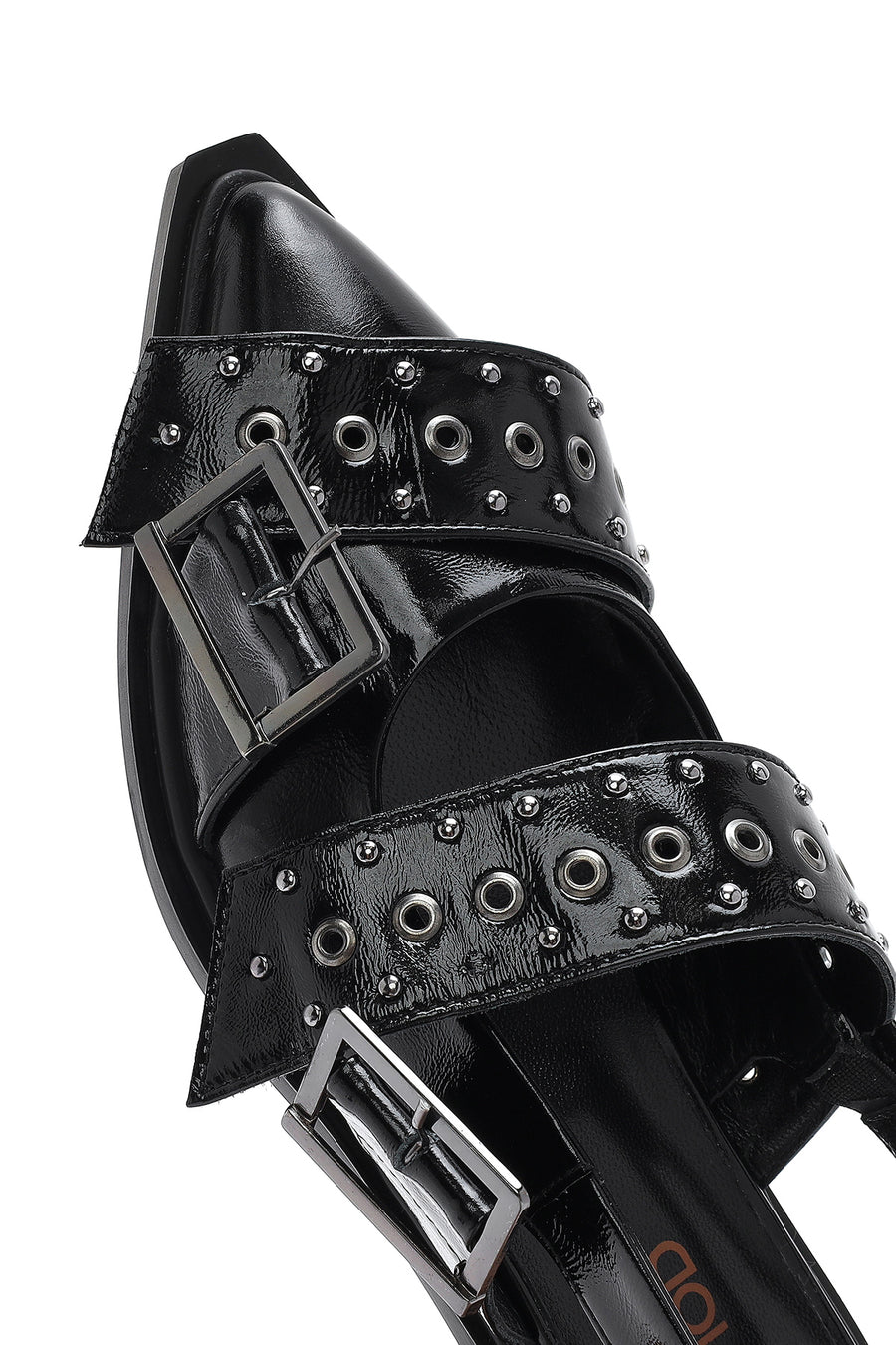 Women's Black Open Back Buckled Patent Leather Ballerinas