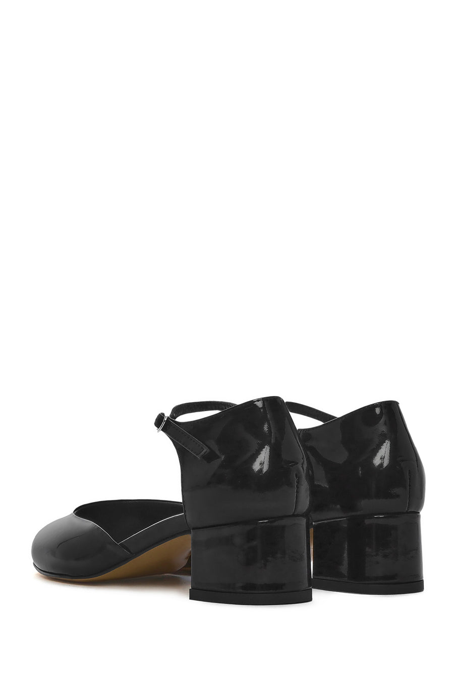 Women's Black Ankle Buckle Low Thick Heel Patent Leather Shoes