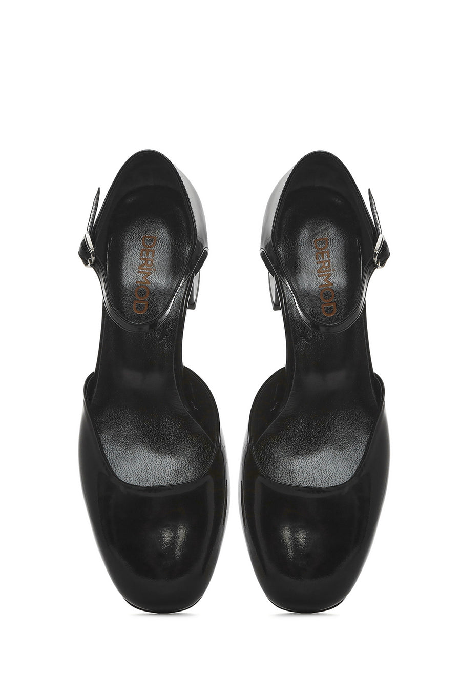 Women's Black Ankle Buckle Low Thick Heel Patent Leather Shoes