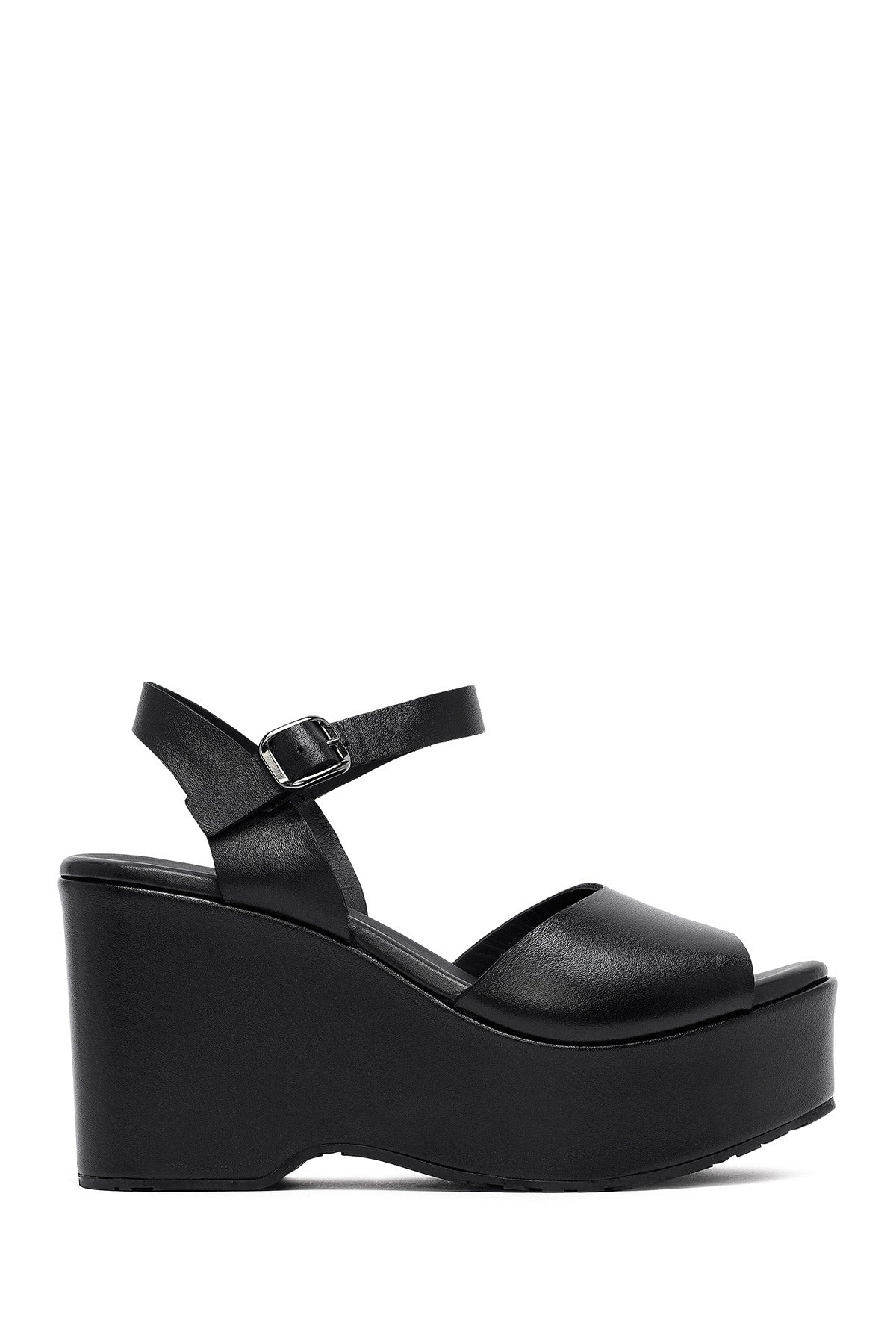 Kadın Siyah Bilekten Tokalı Yüksek Dolgu Topuklu Deri Sandalet 25SFD141118 | Derimod