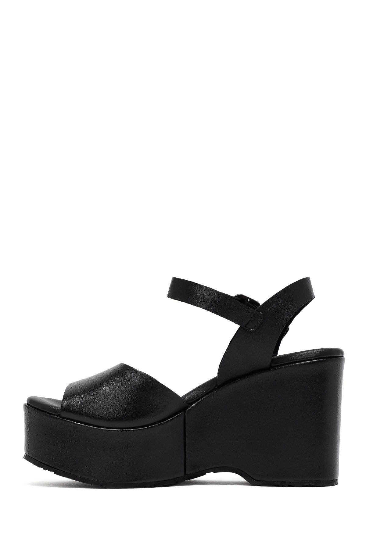 Kadın Siyah Bilekten Tokalı Yüksek Dolgu Topuklu Deri Sandalet