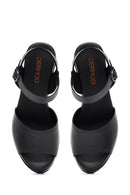 Kadın Siyah Bilekten Tokalı Yüksek Dolgu Topuklu Deri Sandalet | Derimod