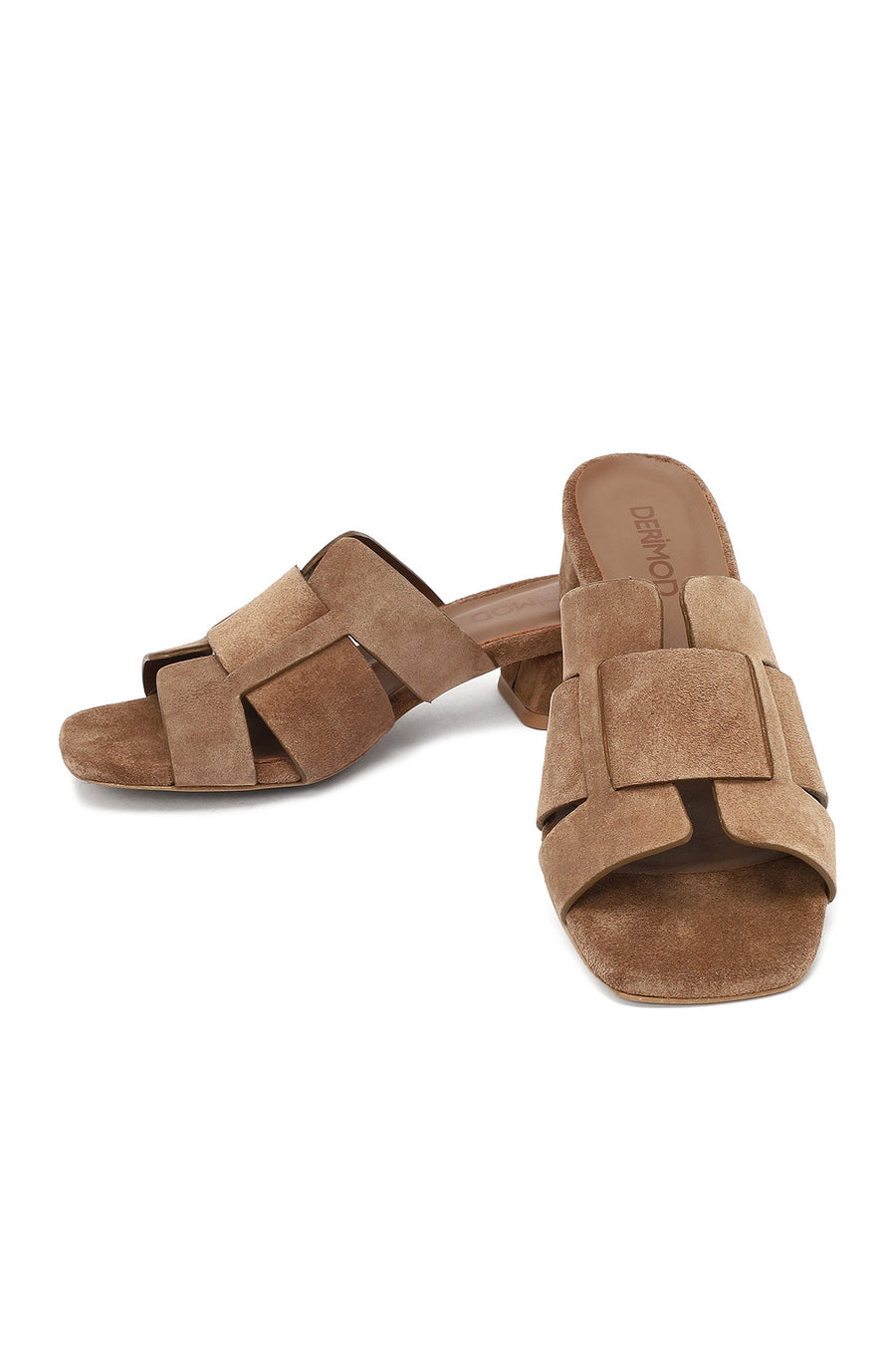 Women's Taupe Thick Short Heel Suede Leather Slippers