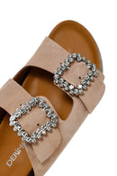 Women's Powder Stone Buckled Suede Leather Slippers | Derimod