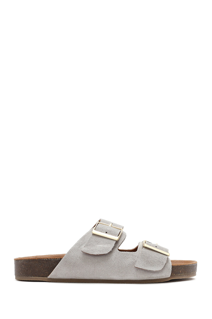 Women's Gray Double Buckled Suede Leather Slippers 25SFD150210 | Derimod