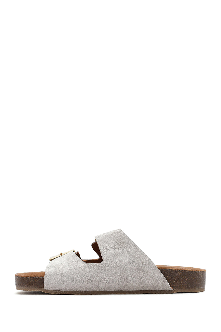 Women's Gray Double Buckled Suede Leather Slippers