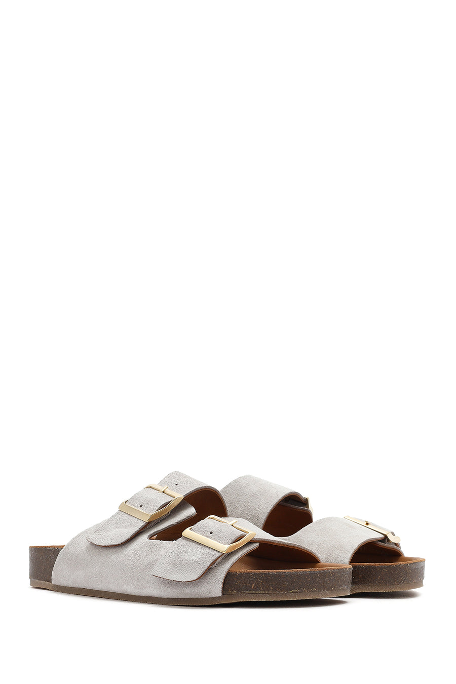 Women's Gray Double Buckled Suede Leather Slippers
