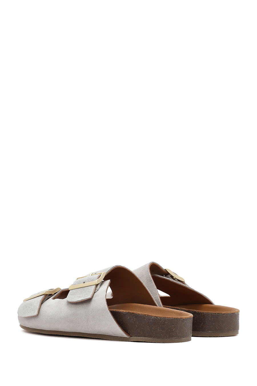 Women's Gray Double Buckled Suede Leather Slippers