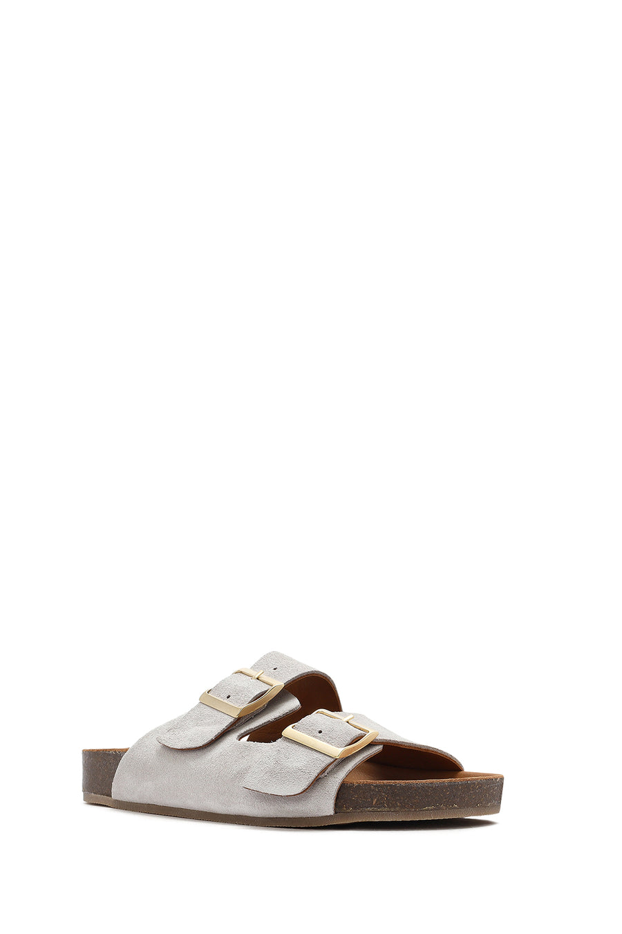 Women's Gray Double Buckled Suede Leather Slippers
