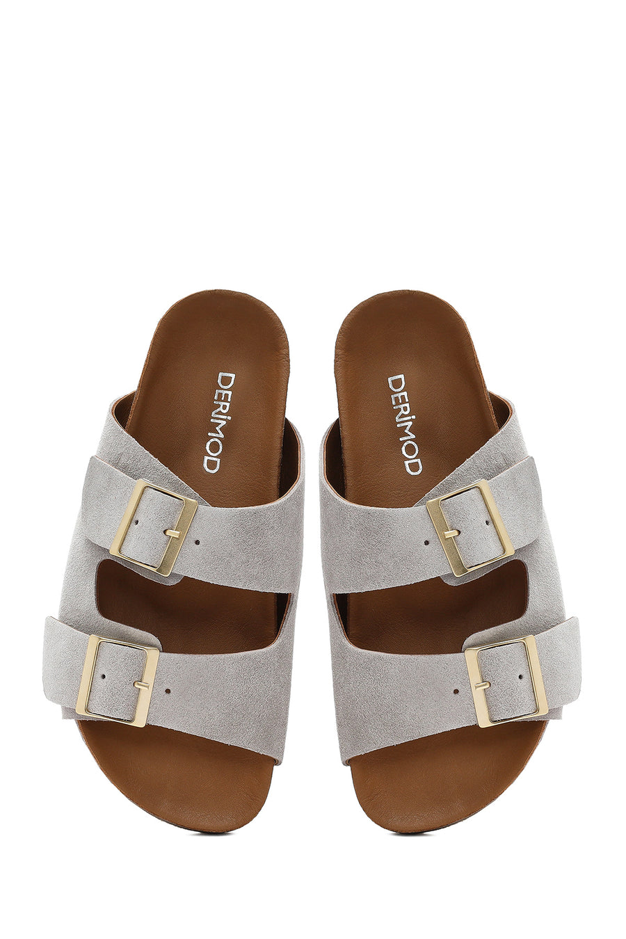 Women's Gray Double Buckled Suede Leather Slippers