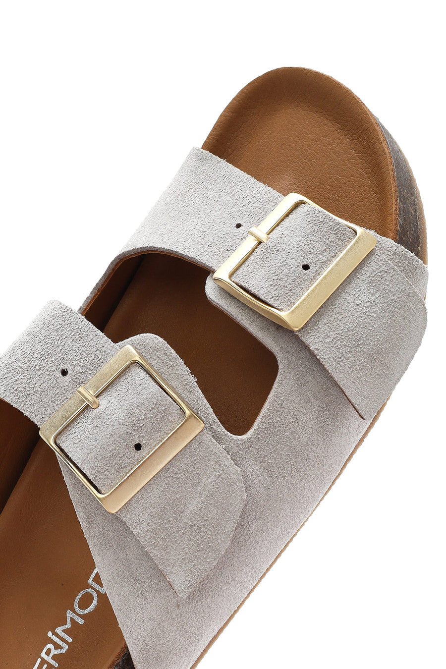 Women's Gray Double Buckled Suede Leather Slippers