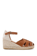 Kadın Taba Bilekten Bantlı Dolgu Topuklu Süet Deri Espadril Sandalet | Derimod