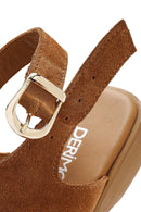 Women's Tan Suede Leather Wedge Heeled Sandals with Ankle Buckle | Derimod