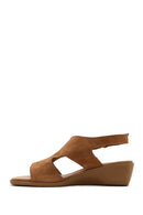 Women's Tan Suede Leather Wedge Heeled Sandals with Ankle Buckle | Derimod