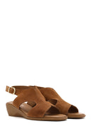 Women's Tan Suede Leather Wedge Heeled Sandals with Ankle Buckle | Derimod