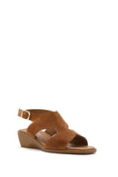 Women's Tan Suede Leather Wedge Heeled Sandals with Ankle Buckle | Derimod