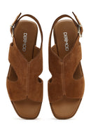 Women's Tan Suede Leather Wedge Heeled Sandals with Ankle Buckle | Derimod