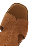 Women's Tan Suede Leather Wedge Heeled Sandals with Ankle Buckle | Derimod