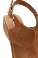 Women's Tan Suede Leather Wedge Heeled Sandals with Ankle Buckle | Derimod