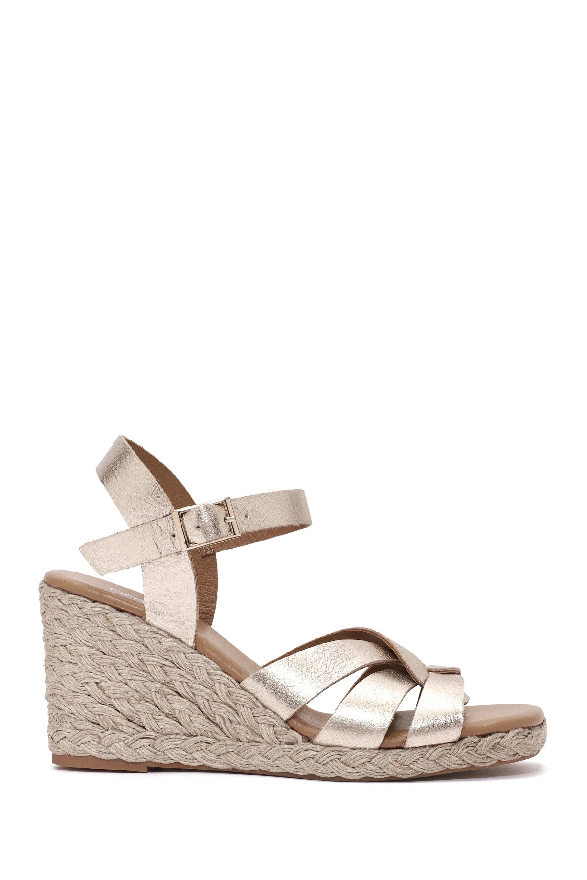 Kadın Altın Bilekten Tokalı Dolgu Topuklu Metalik Deri Espadril Sandalet 25SFD153332 | Derimod