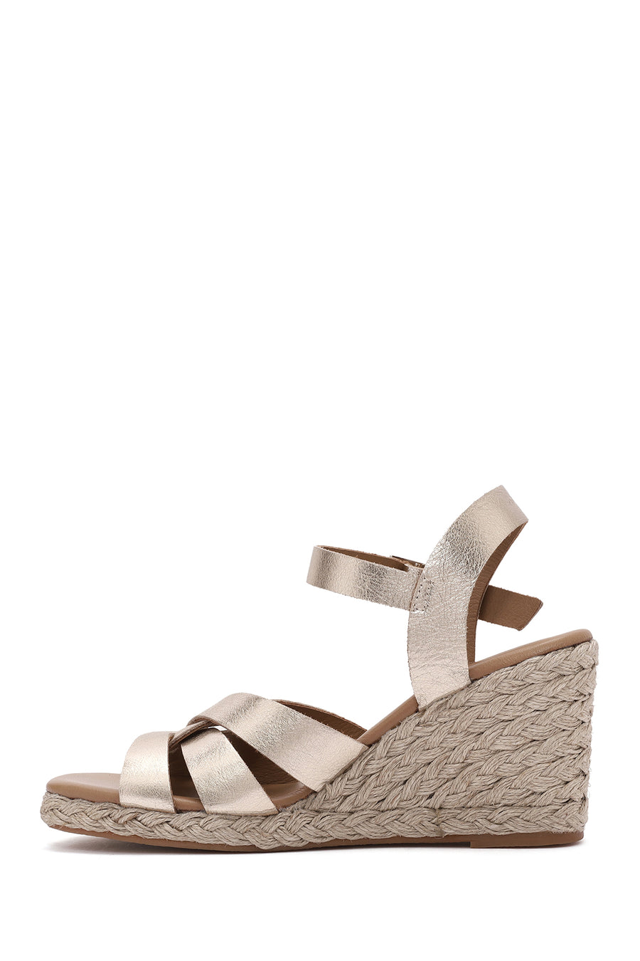 Women's Gold Ankle Buckle Wedge Heel Metallic Leather Espadrille Sandals
