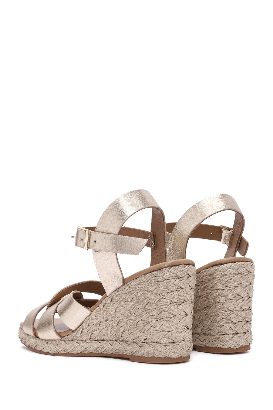 Women's Gold Ankle Buckle Wedge Heel Metallic Leather Espadrille Sandals