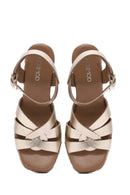 Kadın Altın Bilekten Tokalı Dolgu Topuklu Metalik Deri Espadril Sandalet | Derimod