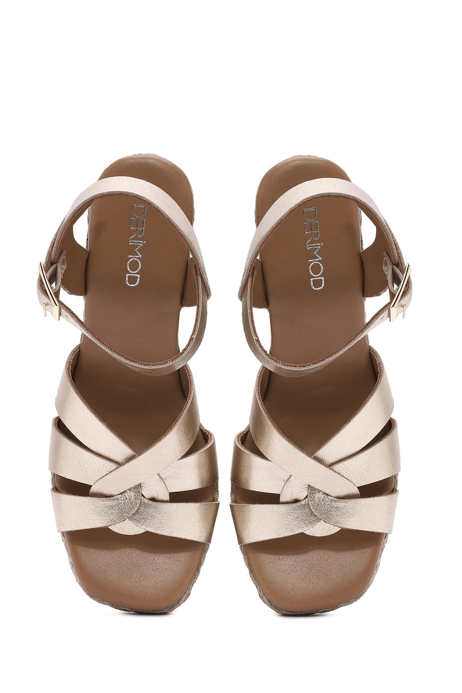 Women's Gold Ankle Buckle Wedge Heel Metallic Leather Espadrille Sandals