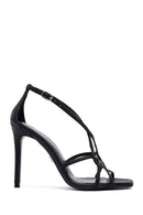 Kadın Siyah Bilekten Tokalı İnce Topuklu Metalik Deri Sandalet | Derimod