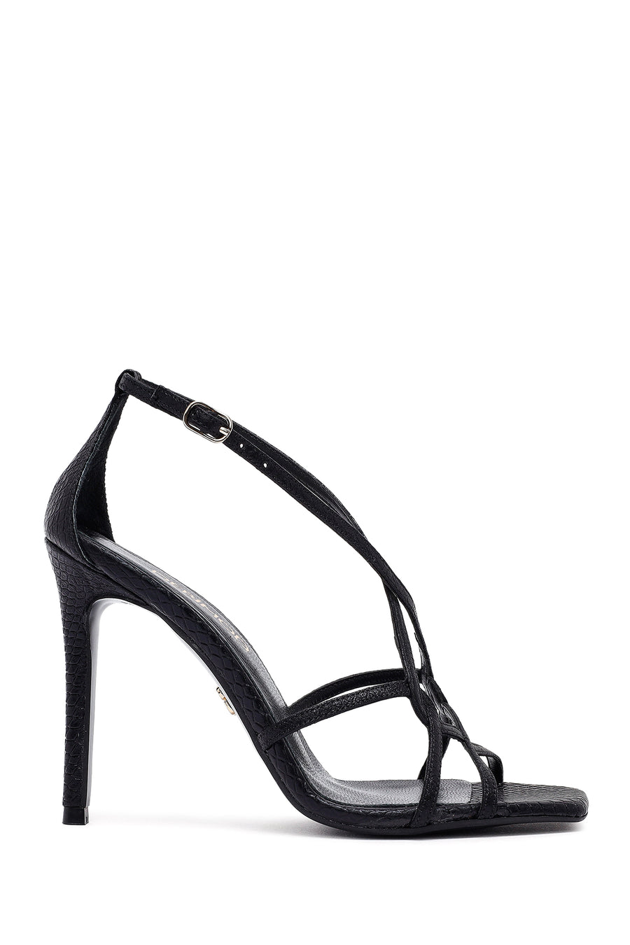 Women's Black Ankle Buckle Thin Heel Metallic Leather Sandals 25SFD161232 | Derimod