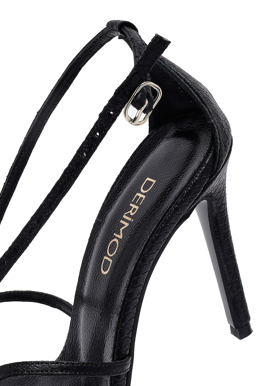 Women's Black Ankle Buckle Thin Heel Metallic Leather Sandals