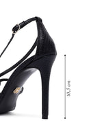 Kadın Siyah Bilekten Tokalı İnce Topuklu Metalik Deri Sandalet | Derimod