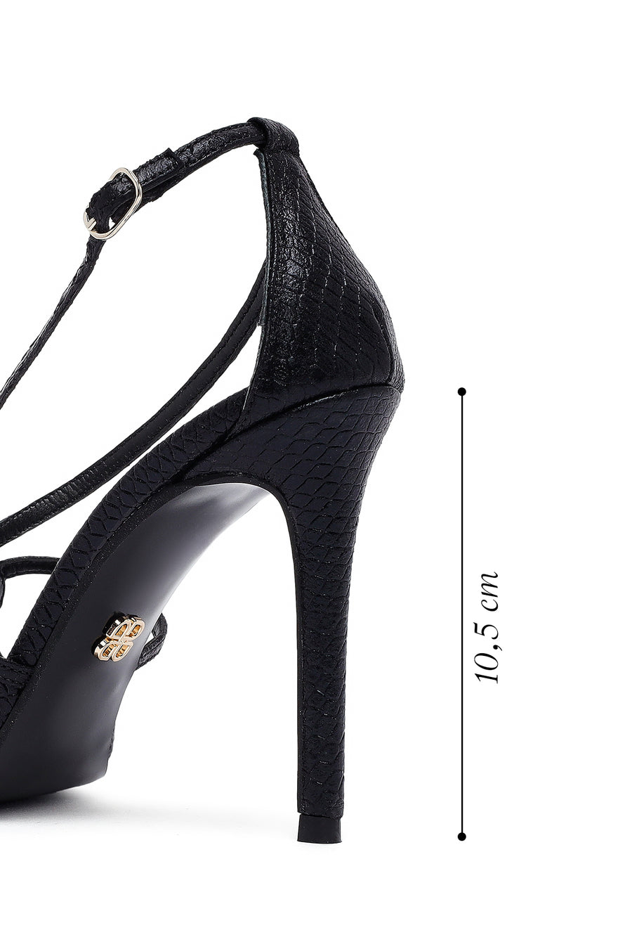 Women's Black Ankle Buckle Thin Heel Metallic Leather Sandals