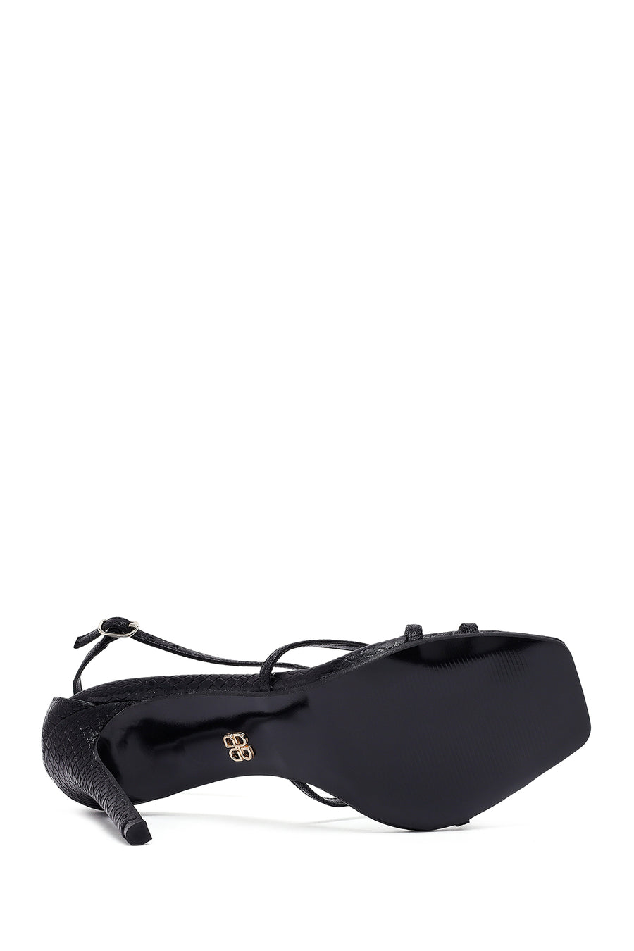 Women's Black Ankle Buckle Thin Heel Metallic Leather Sandals