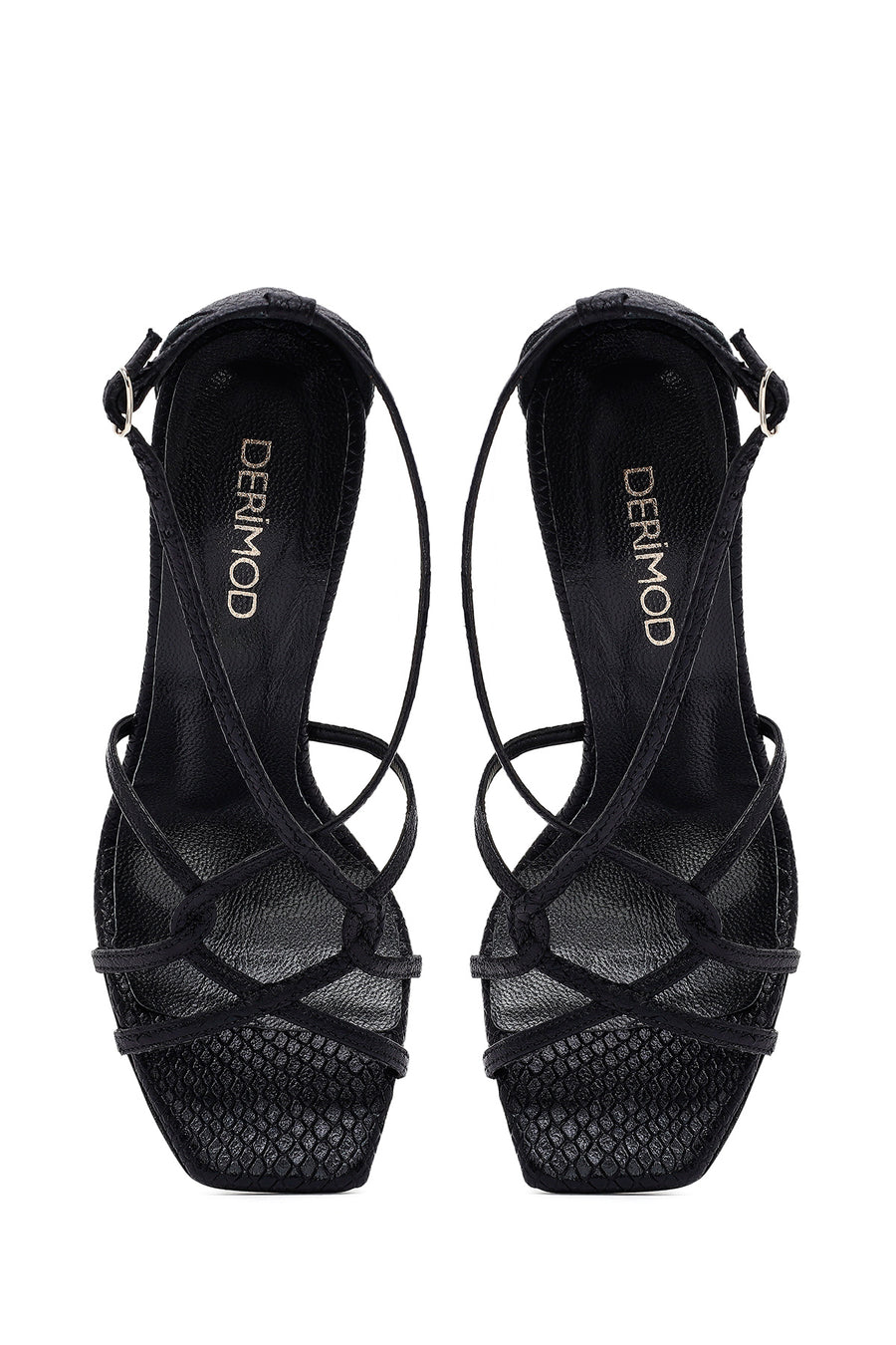 Women's Black Ankle Buckle Thin Heel Metallic Leather Sandals