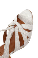 Women's Cream Ankle Buckle Patterned Thick Heel Leather Sandals | Derimod