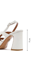 Women's Cream Ankle Buckle Patterned Thick Heel Leather Sandals | Derimod