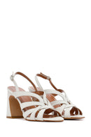 Women's Cream Ankle Buckle Patterned Thick Heel Leather Sandals | Derimod