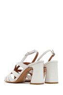 Women's Cream Ankle Buckle Patterned Thick Heel Leather Sandals | Derimod