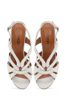 Women's Cream Ankle Buckle Patterned Thick Heel Leather Sandals | Derimod