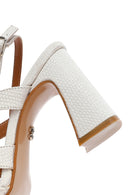Women's Cream Ankle Buckle Patterned Thick Heel Leather Sandals | Derimod