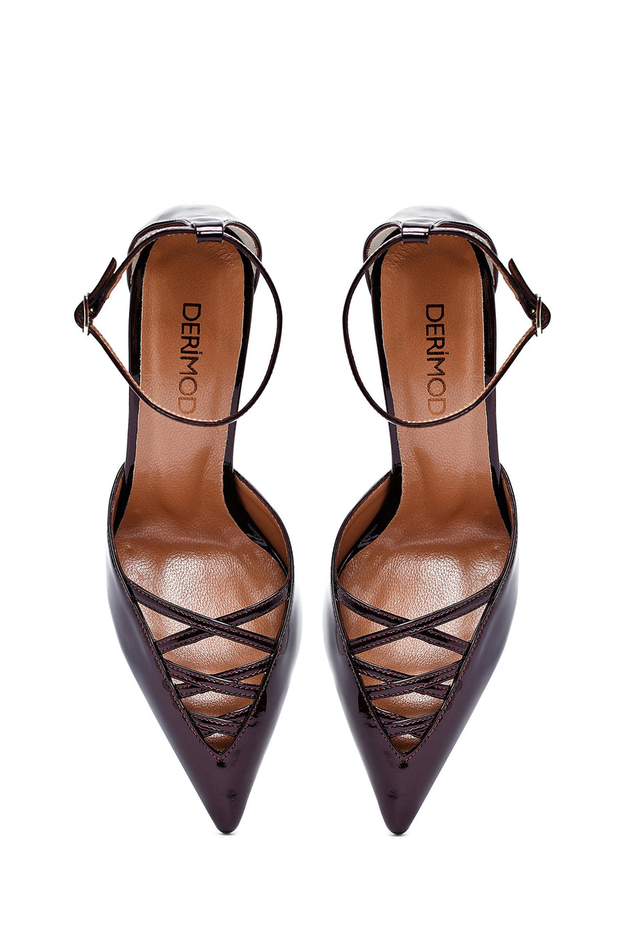 Women's Burgundy Ankle Buckle Thin Heel Patent Leather Shoes